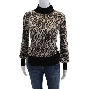 Weill Womens Knit Animal Print Long Sleeve Turtleneck Sweater Top Brown Size S